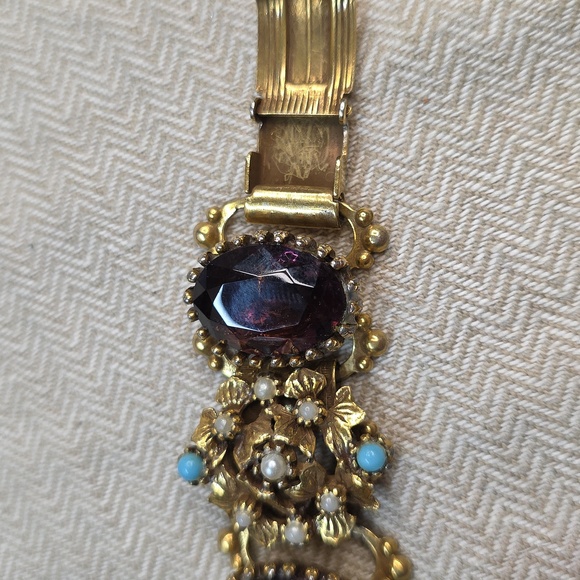 Vintage Purple Glass Chunky Book Chain Bracelet, Gold toned, 1950's 1960's SZ 7 - Picture 5 of 9